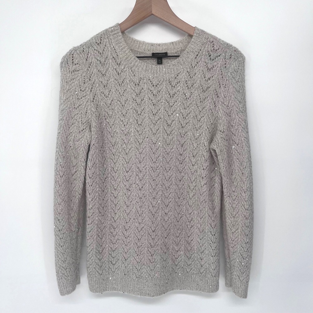 Talbots Sweater Womens MP Gray Sequin Pointelle Knit Sparkle Holiday Party
